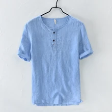 Новая Стильная летняя льняная рубашка для мужчин, Брендовые повседневные мужские рубашки без воротника, синяя рубашка с коротким рукавом, Мужская M-3XL, camisa social masculina