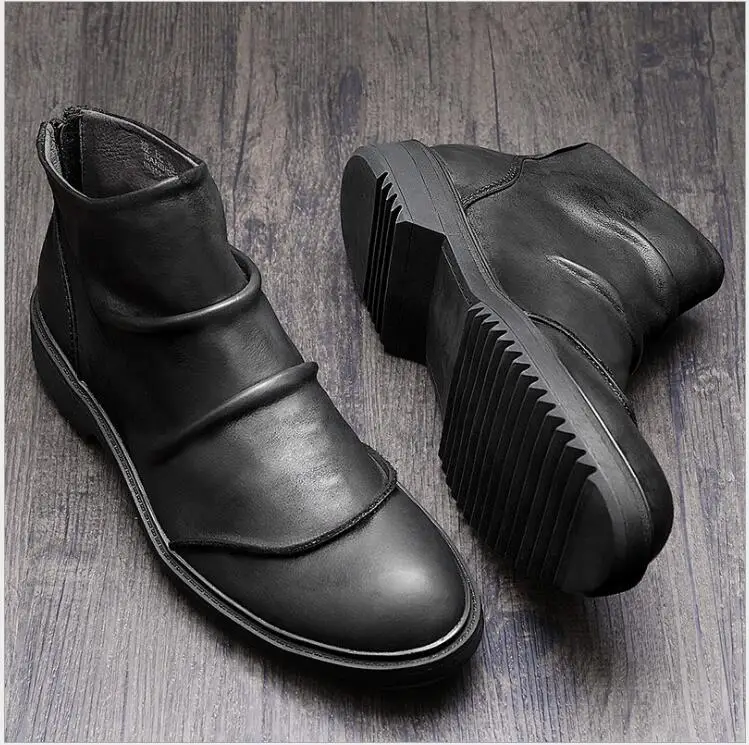 

Spring and Autumn men's leather boots real genuine cow leather Martin boots Short ankle cool motorcycle boots back counter zip