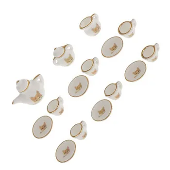 

Set of 15pcs Dolls House Miniature Porcelain Tableware Coffee Tea Cup Saucer Set Cat Print