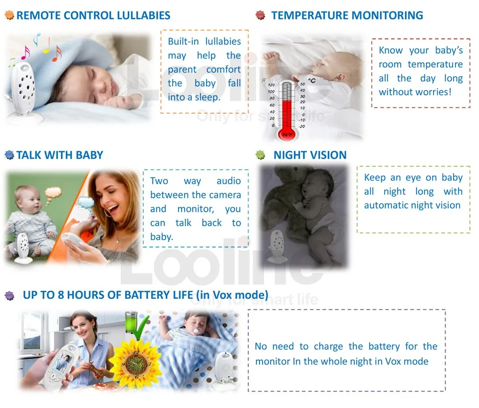 2 inch Color Video Wireless baby monitor with camera baba electronic Security 2 Talk Nigh Vision IR LED Temperature Monitoring
