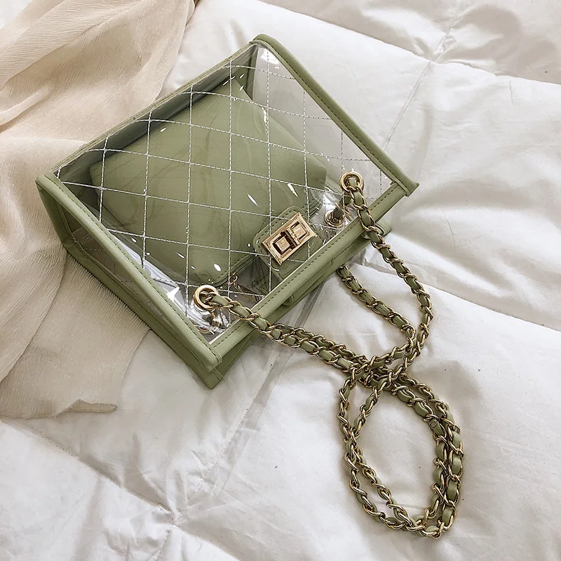 

Shangxin Baonu 2019 New Korean version of the Linger Chain with one shoulder and a wide range of transparent jelly bags