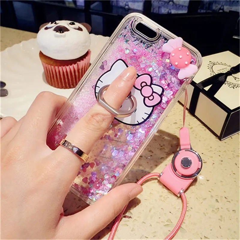

For Samsung S7 edge S8 Plus Note 3 4 5 8 9 Cute Bling Sweet candy With cat Finger Ring Liquid sand quicksand soft phone case