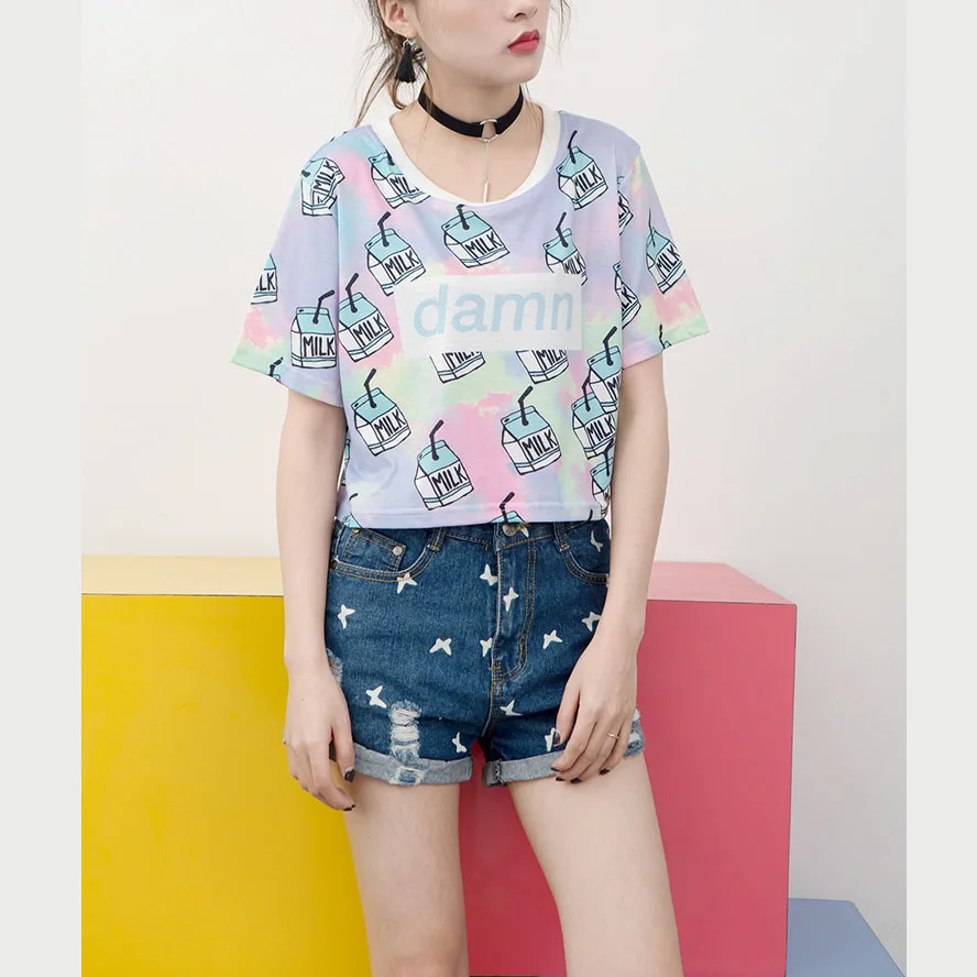 

SOSHIRL Punk Letter Damn Print T Shirt Cute Lovely Milk Box Tees For Women Sexy Girls Short Tops Cool Loose Streetwear New P1025