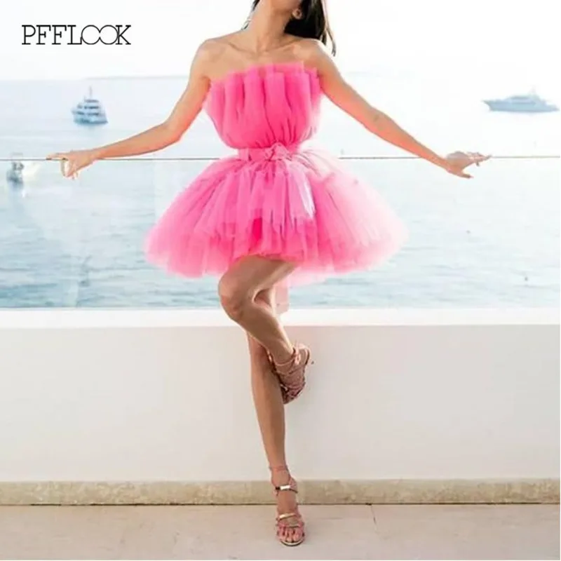 

PFFLOOK Summer Pink Kendall Jenner Ball Gown Dress Women 2019 Tunic Bow Tie Quinceanera Dress Mini Elegant Party Dress Female