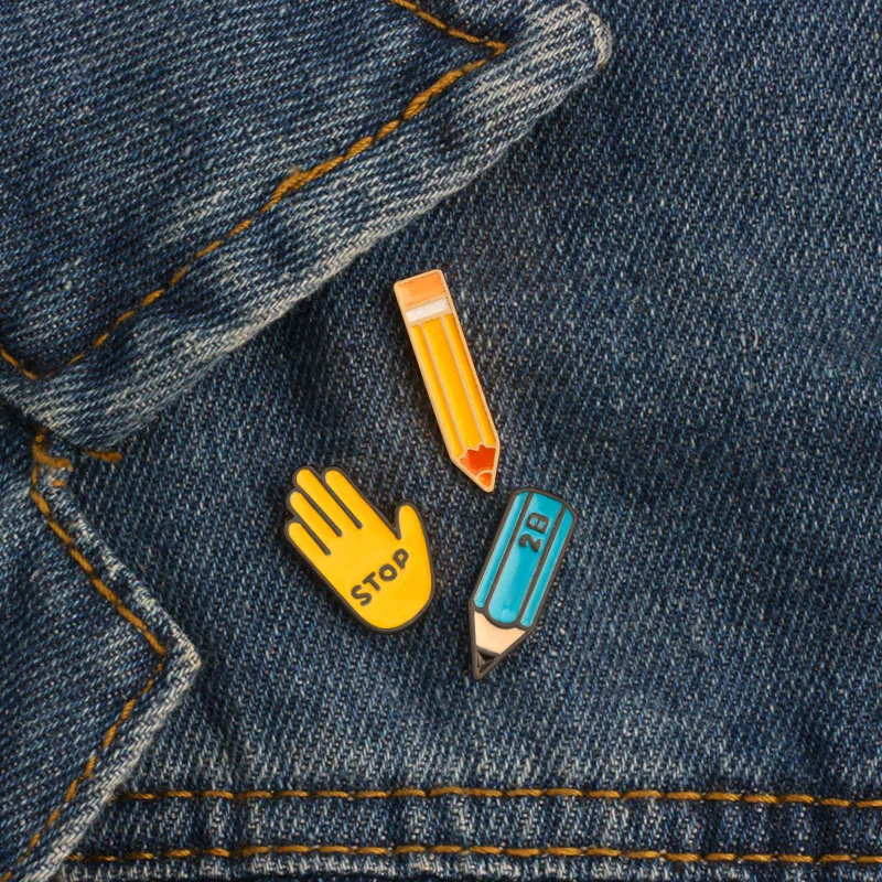 

Creative Cartoon Mini 2 Colors Pencil STOP Gesture Enamel Pin Metal Brooch Button Denim Jackets Badge Brooches Fashion Jewelry