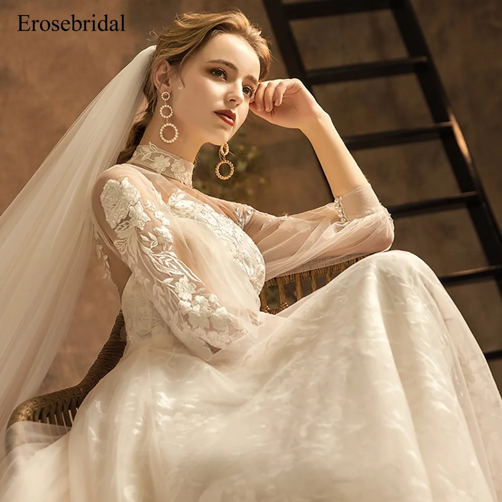 

Erosebridal New Arrival 2019 Open Back Three Quarter Wedding Dress Lace Gown High Neck Bride Women Dress Puff Sleeve Dress