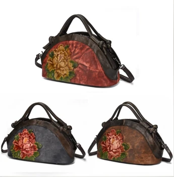 

Women genuine leather shoulder bag casual style vegetable tanned leather gorgeous peony pattern creative messenger bag