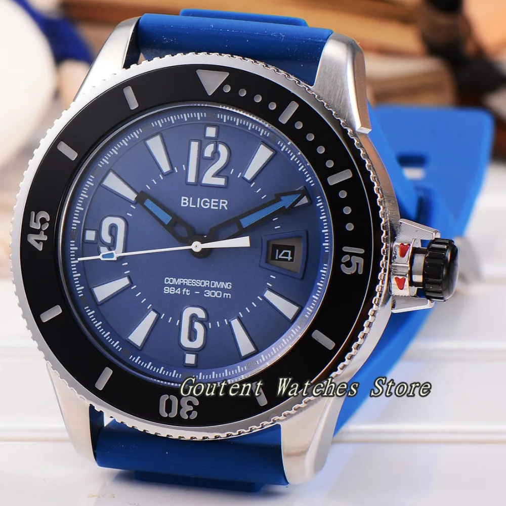 

43mm Bliger Silver SS. Case Blue Dial Rubber Strap Automatic Movement Men's Watch