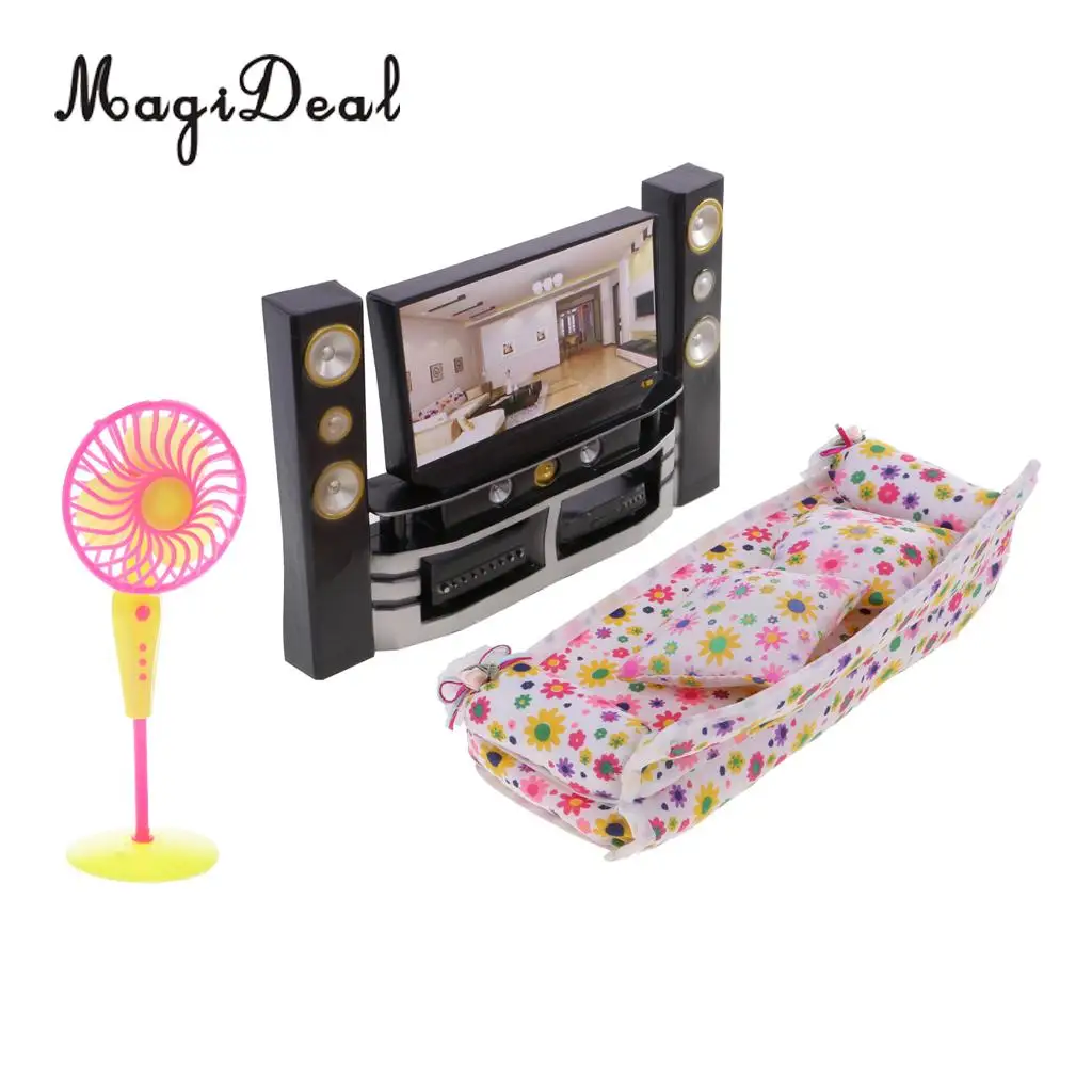 1/6 Scale Dollhouse Miniature TV+Long Sofa+Fan Set Living Room Furniture Decoration for Dolls Action Figures Accessory