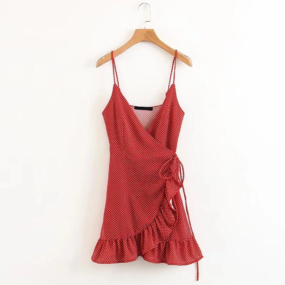 

ANSFX Sweet Polka Dot Print Spaghetti Strap Slim Dress Deep V-Neck Sleeveless Trendy Women Waist Tied Bow Party Dress 2 Colors