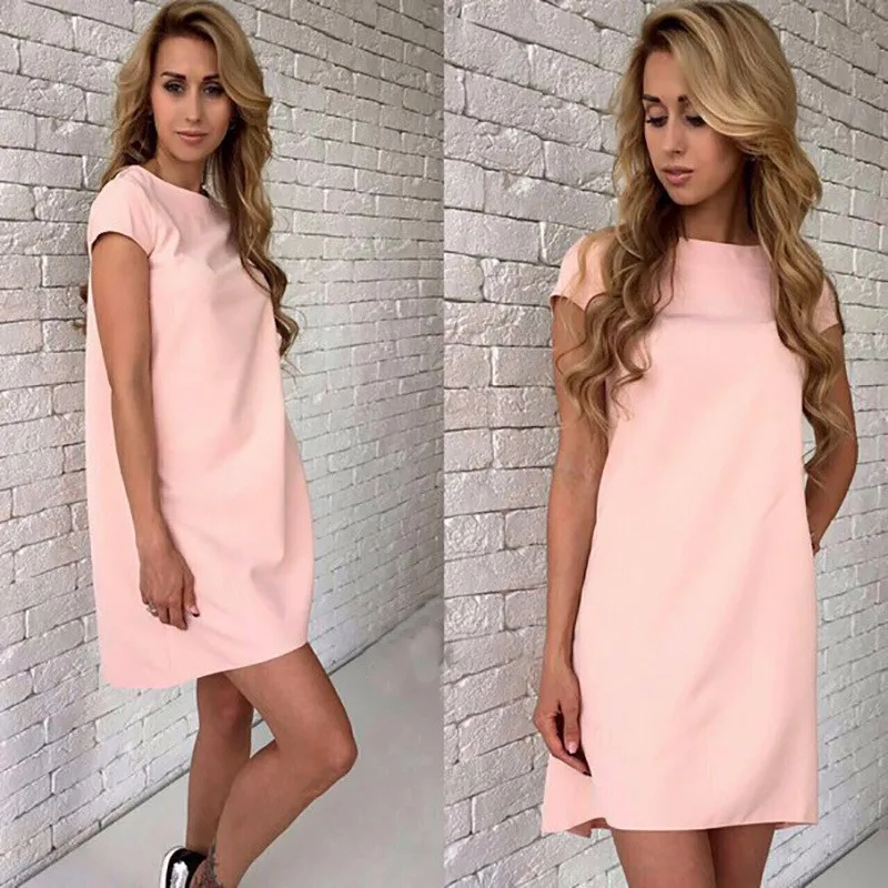 

Women New Summer Fashion Casual Loose Dress Mini T Shirt Solid O-neck Short Sleeve Elegant Sexy Party Feminina Vestidos