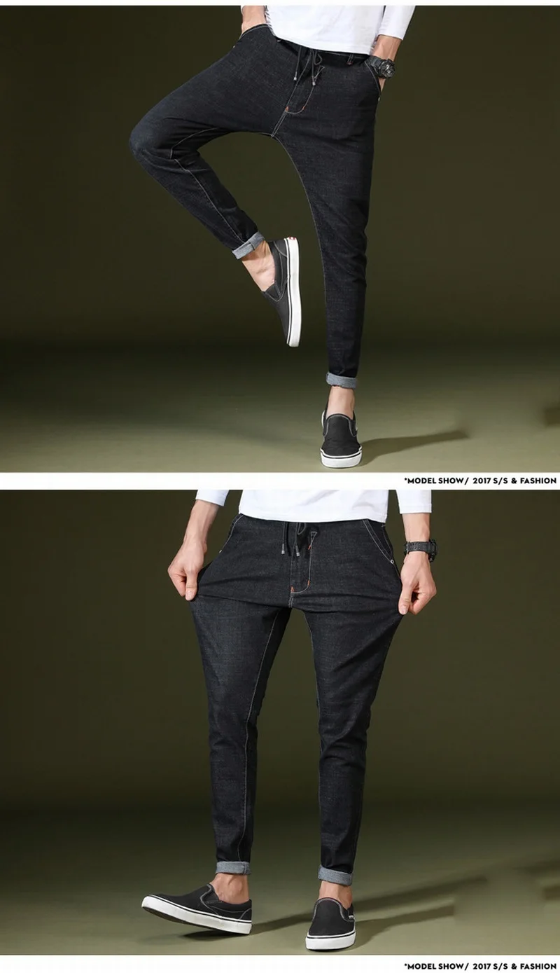 Винтажные мужские Стрейчевые джинсы на шнурке плюс размер 38 мужские длинные уличные джоггеры низкое падение джинсы с заниженным шаговым