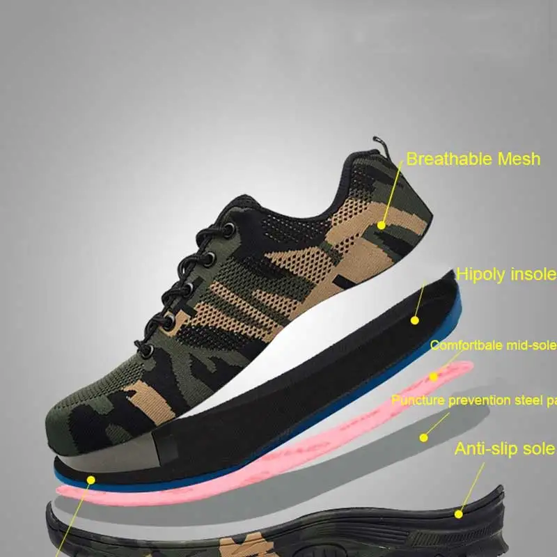 Cheap Summer Work Safety Boots Construction Men Camouflage Puncture Proof Breathable Indestructible Safety Shoes Steel Toe Plus 48