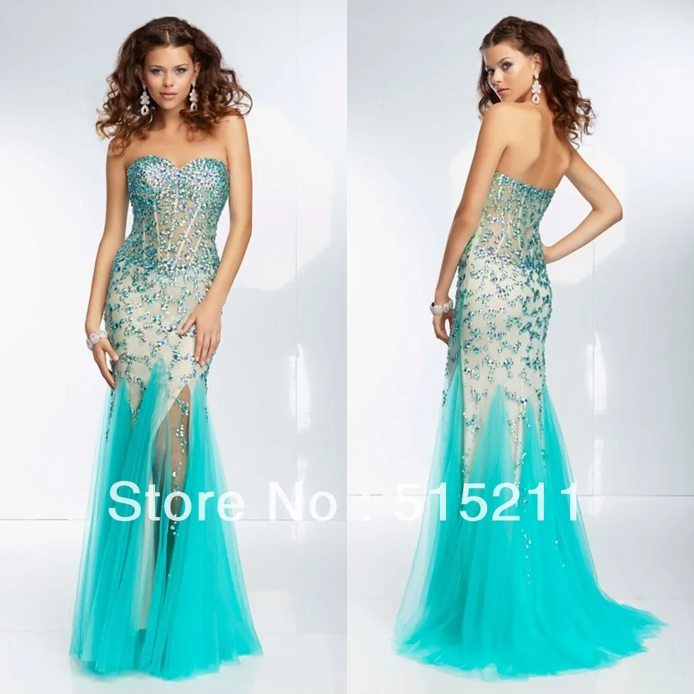 Luxury Beaded Sweetheart See Through Corset Side Slit Ice Blue Champagne Mermaid Prom Dresses Pageant Gowns 2014 New Arrival | Свадьбы и