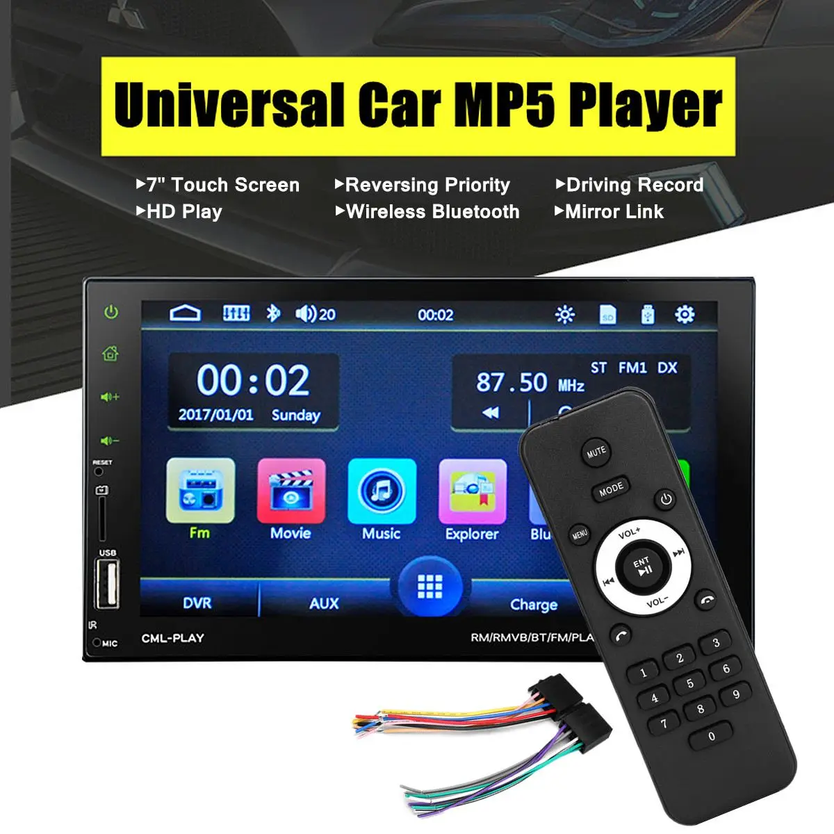 

7'' 2DIN 87.5-108MHz DC12V Car Stereo Radio MP5 Player + Remote Controller bluetooth Touch-Screen 24 Hours Digital Clock Date