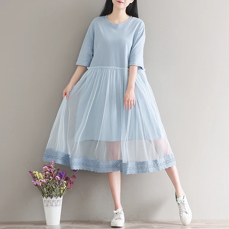 

Summer new pure color mesh stitching fake two piece dress loose Korean style O neck half sleeve T shirt dress embroidered edges