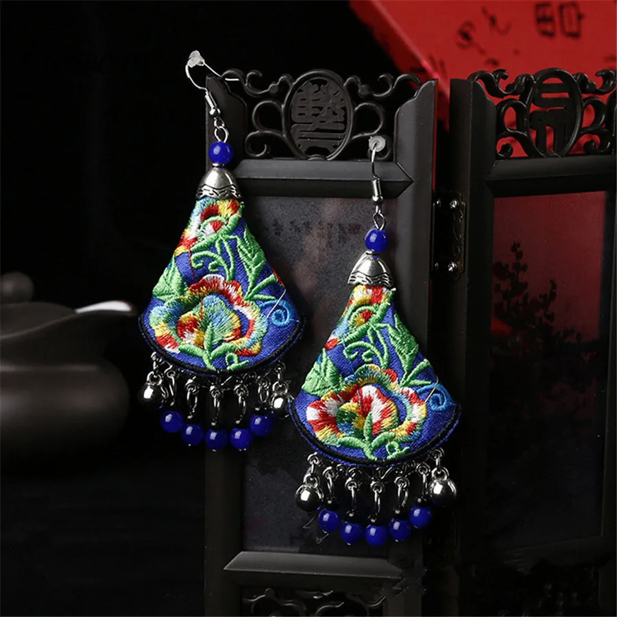 

Yesucan Ethnic Long Tassel Bell Flowers Dangle Earrings Women Handmade Embroidery Plant Peony Flower Earings Dance Accessories