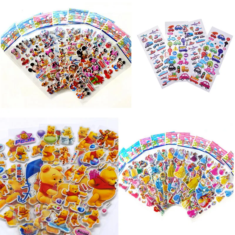 

6 sheets 3D Cartoon Bubble stickers Mickey Princess Car Winnie animal wall stickers for kids gift puffy reward Notebook Sticker
