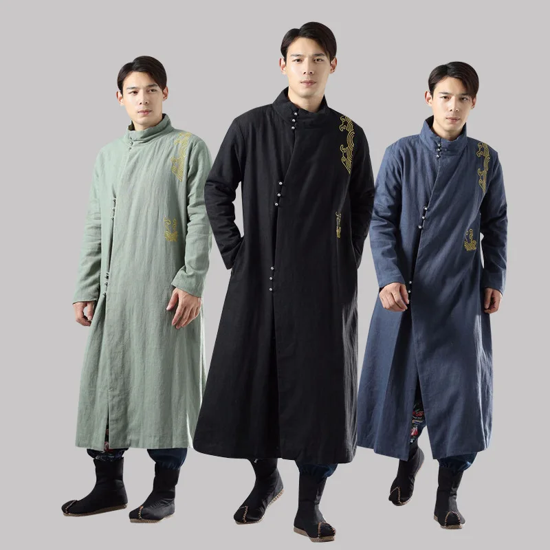 

Chinese Linen Cotton chinese long gown winter men's cotton ramie chenille Long robe silver buckle gold embroidered Large lammy