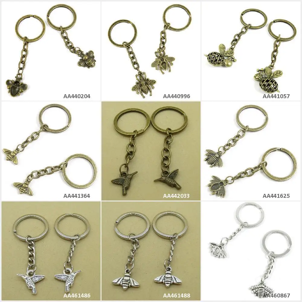 

Antique Bronze Silver Tone Keychain Keyring Keytag Bees Hummingbird Bird Bee Key Chain Ring Tag Bag Charms Gift