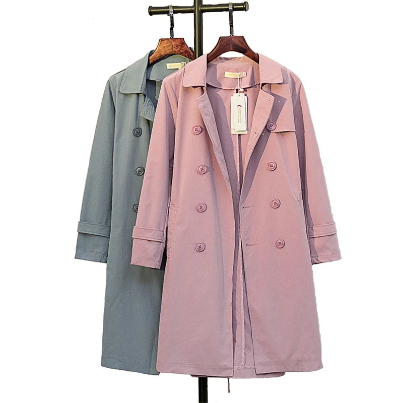 Женский двубортный длинный плащ ветровка из хлопка размеры до 5XL весна осень