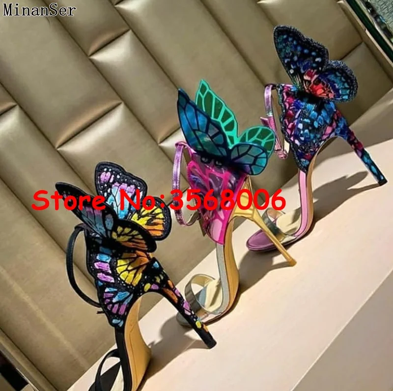 Wholesale amazing multi-color 3D butterfly open toe thin heels sandals wedding party bridal shoes sexy ankle wrap stiletto heels