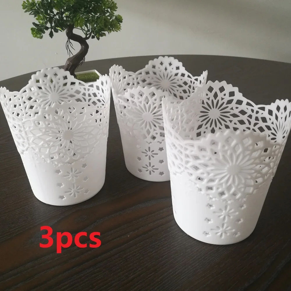 3pc Lace Hollow  Makeup Brush Pen Storage Holder Desk Organizer Flower Vase Pot White