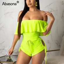 Abasona Без Бретелек Рюшами кружево до Сексуальная Bodycon Комбинезоны однотонные пляжные Корректирующие боди для женщин летние узкие Ruched