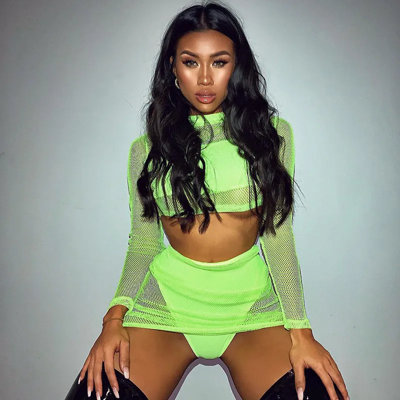 

2019 Spring Summer Fishnet See Through Matching Sets Long Sleeve Crop Tops Skinny Mini Skirts Night Club Party Sexy 2 Piece Sets