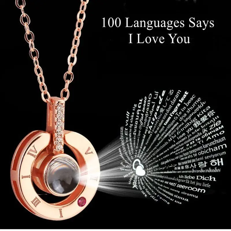 

100 Languages I love you Projection Pendant Necklace Rose Gold & Silver Romantic Love Memory Wedding Necklace 2019
