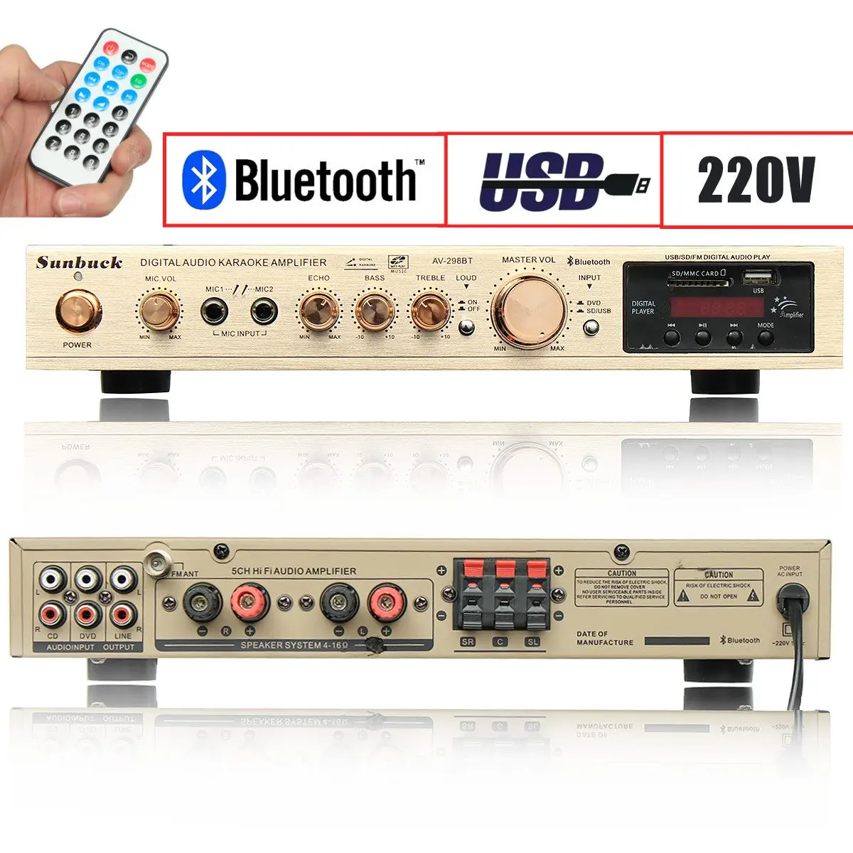 298B bluetooth 2,0 канал 2000 Вт 5 канальный аудио усилитель мощности 220 В AV усилитель динамик с пультом дистанционного управления Поддержка FM USB SD карты