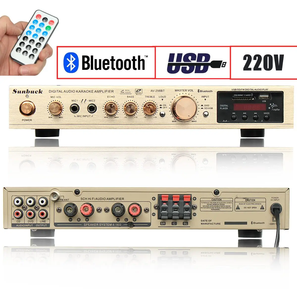 Amplificador de Potência Alto-falante com Controle Bluetooth Canal w 5 Canais Áudio 220 v av Amp Remoto Suporte fm Usb Cartões sd 298b 2.0 2000 - Image 2