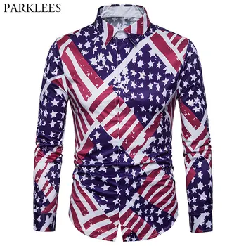 

Striped Star Print Men Social Shirt 2018 Brand New USA Flag Print Casual Shirt Men Slim Fit Button Down Chemise Homme Camisa 3XL