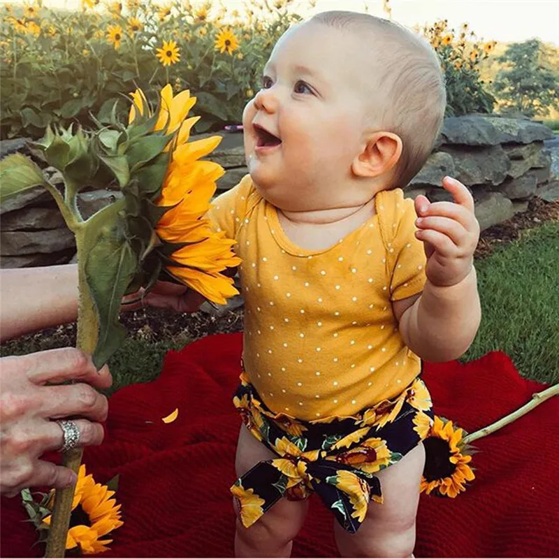 

PUDCOCO Infant Kid Baby Girl Cotton Tops Sunflower Shorts Bodysuit Shorts Outfit Sets Baby Girls Clothes 0-18M