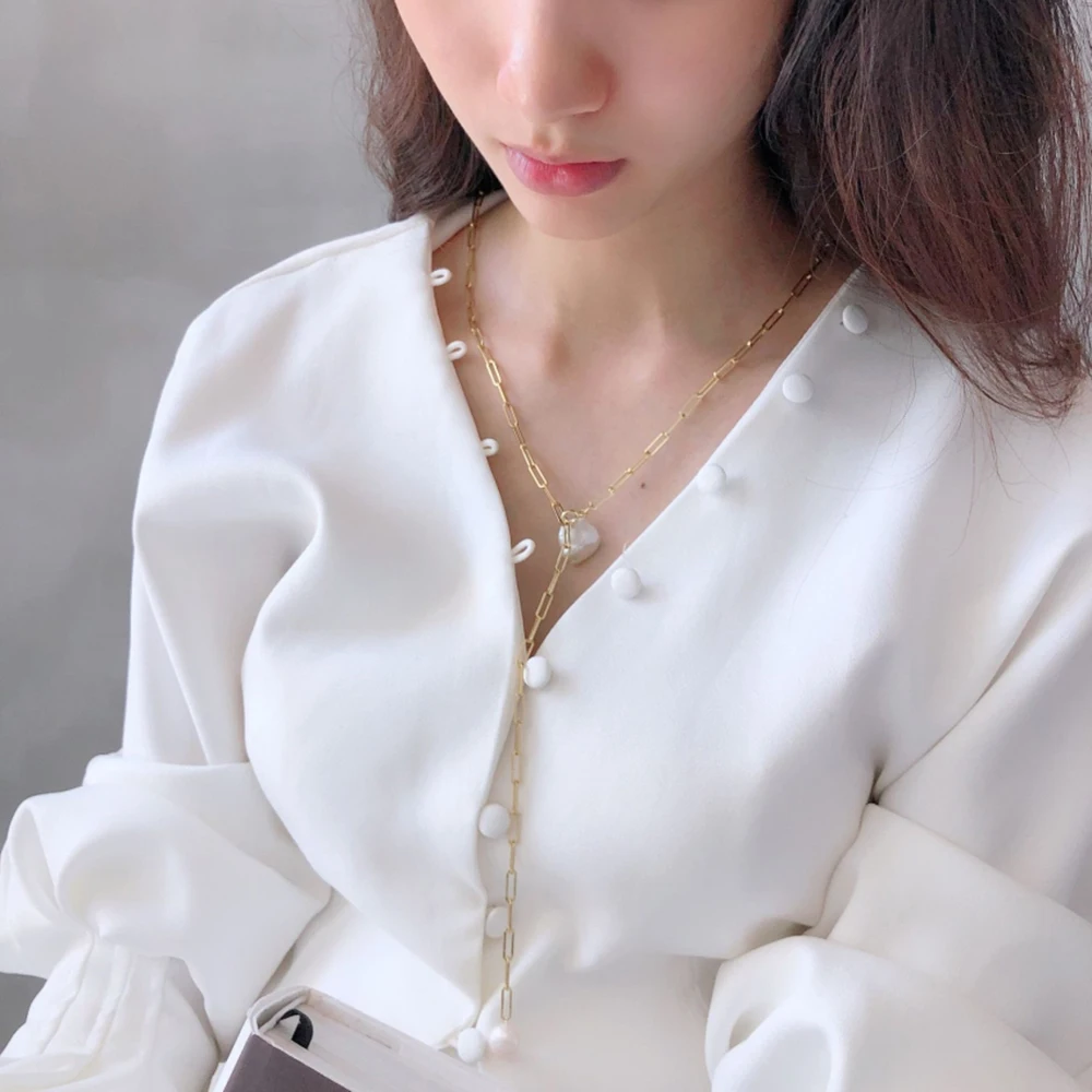

Heavy Duty 925 Sterling Silver Nordic Natural Freshwater Baroque Pearl Irregular Pearls Rectangle Link Chain Lariat Necklace