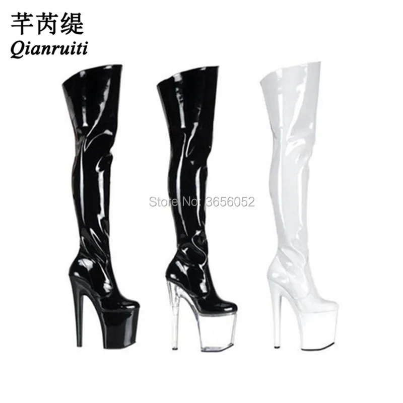 

Qianruiti Nightclub Fetish Shoes Woman Black Red Patent Leather Botas Over The Knee Extreme High Heels Platform Thigh High Boots