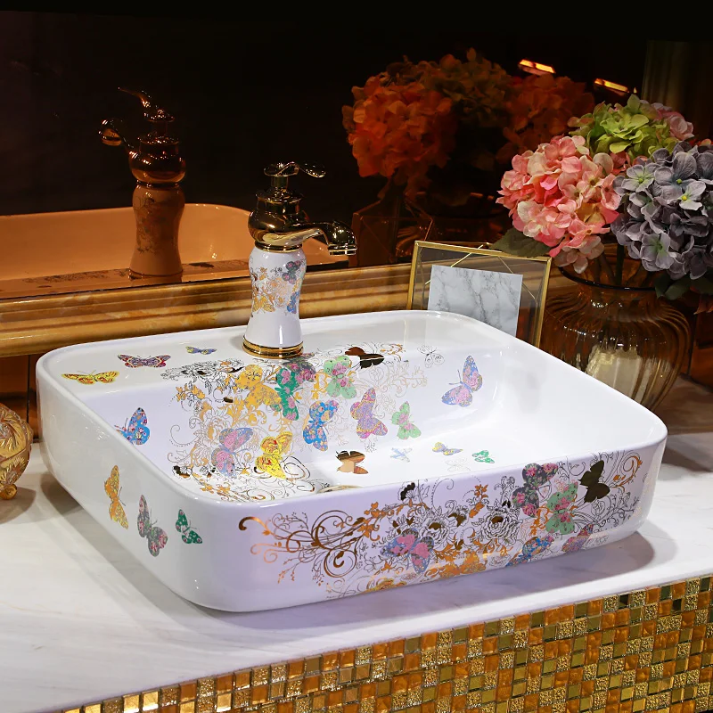 Китай художественный керамический умывальник цветочный Счетчик Топ керамический антикварный умывальник раковина ванная комната Бабочка узор