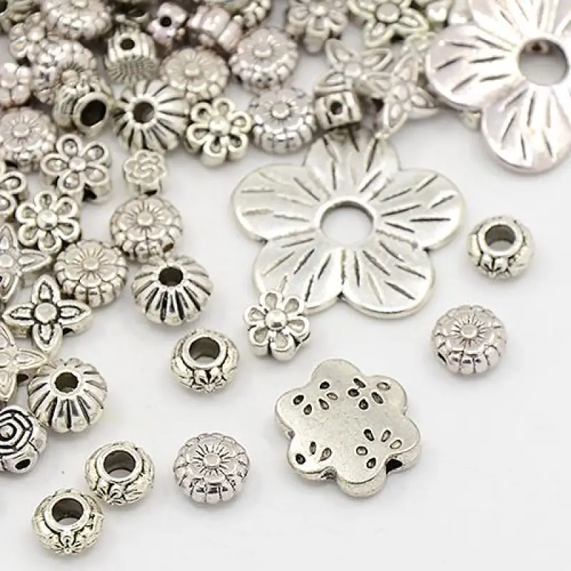 Pandahall 50g Tibetan Style Alloy Flower Bead Caps Antique Silver Assorted Mixed Bali Style Metal Petal Beads Cord End Spacers for Jewelry Makings Hole:0.5~2mm 