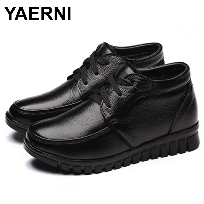 

YAERNI Women Shoes 2018 Winter Fashion Genuine Leather Wedges Ankle Women Boots Mother Lace-up Snow Boots free shipping E647