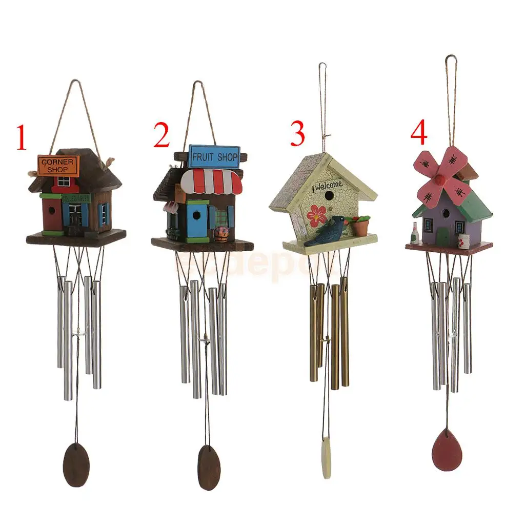 4 Copper Tube Windchime Wooden Wind Chime Bell Garden Yard Outdoor