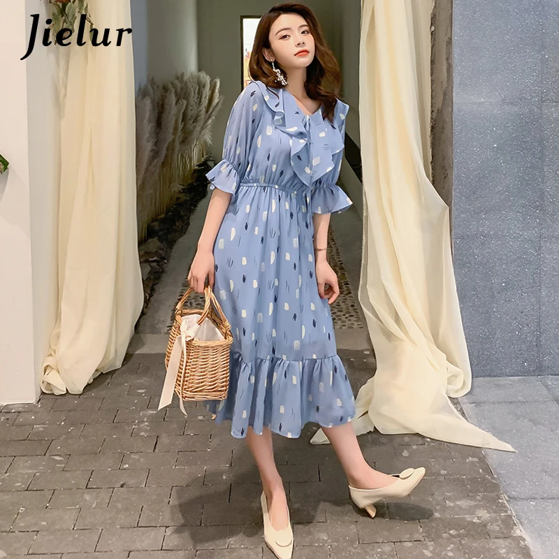 

Jielur Summer Women Floral Dress Charming Korean Chicly 2019 Femme Dresses Hipster High Waist Short Sleeve Vintage Dress New