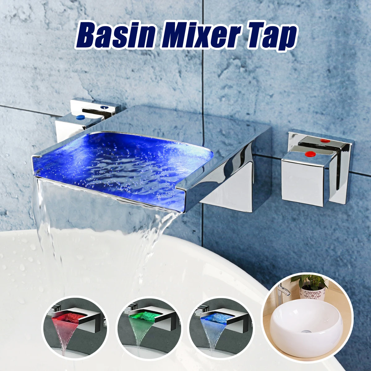 

Xueqin LED 3 Color Changing Waterfall Dual Handles Bathroom Bath Basin Faucet Mixer Hot And Cold Shower Water Tap Wall Mounted