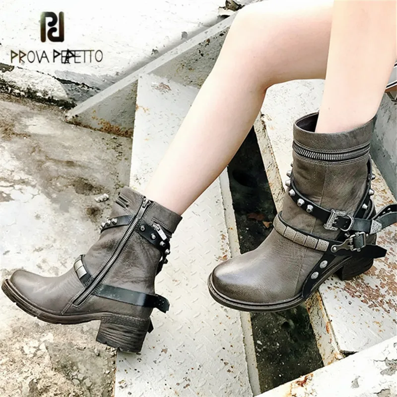 

Prova Perfetto Ankle Boots for Women Retro Gladiator Riding Boots 5CM Heel Platform Rubber Shoes Woman Female Short Booties