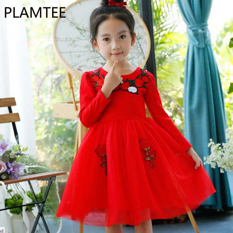 

PLAMTEE Kids Girls Wedding Flower Girl Dress Princess Party Pageant Vestidos Mesh Dresses Long Sleeves For Teenager 5-10 Years