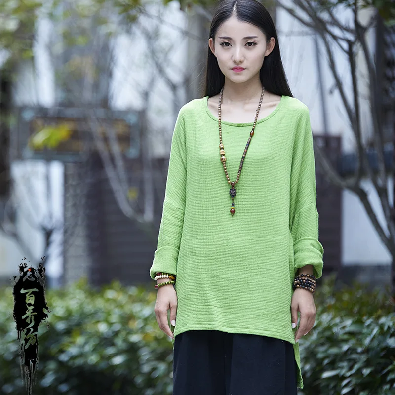 

Spring Summer 2018 Double Layer Retro Fashion Women Pullover Cotton Linen T-shirt