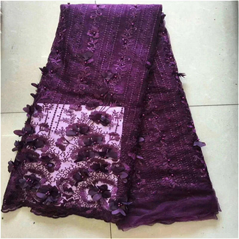 

Nigerian Lace Fabric with beads stones Purple 2019 High Quality African Cord Lace 3D Flower Lace Fabric for Party Dress