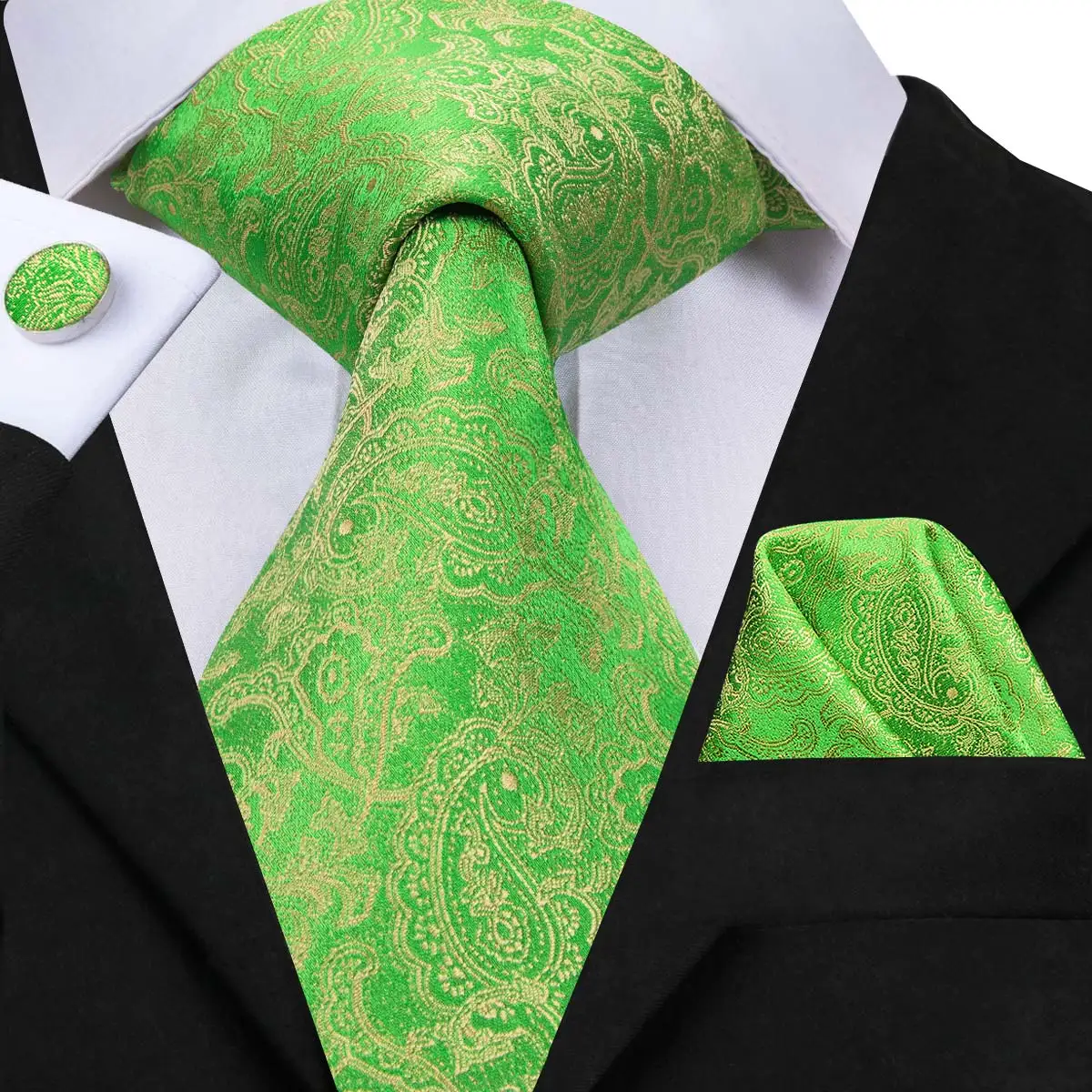 

C-3054 Hi-Tie Men Tie Silk Necktie Floral Green Ties for Men High Quality Men's Wedding Party Hanky Cufflinks Set Mens Ties