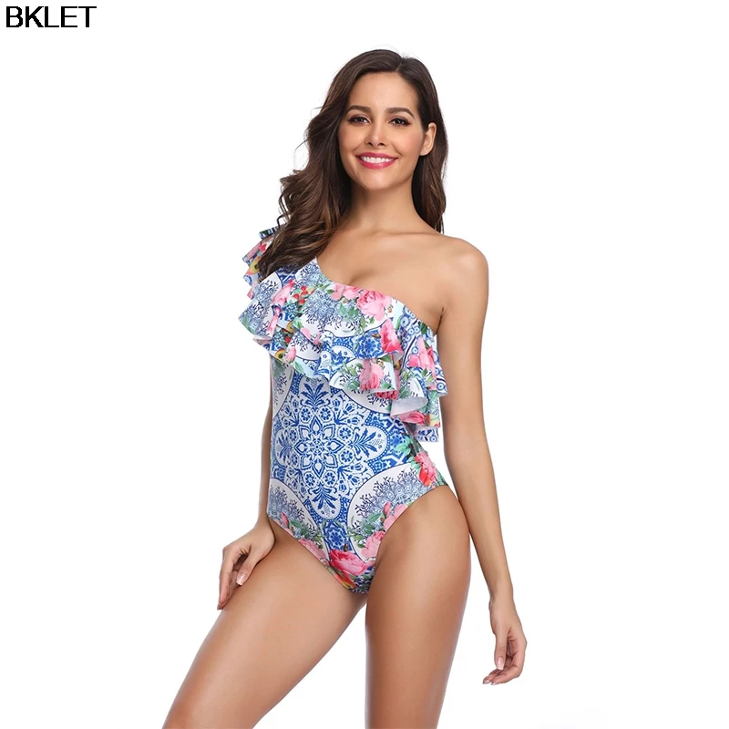 

2019 New Women Summer Swimsuits Printed Flora One Piece Swimwear Ruffle One Shoulder Swimwear Women Bathing Suits S--XL Swimsuit