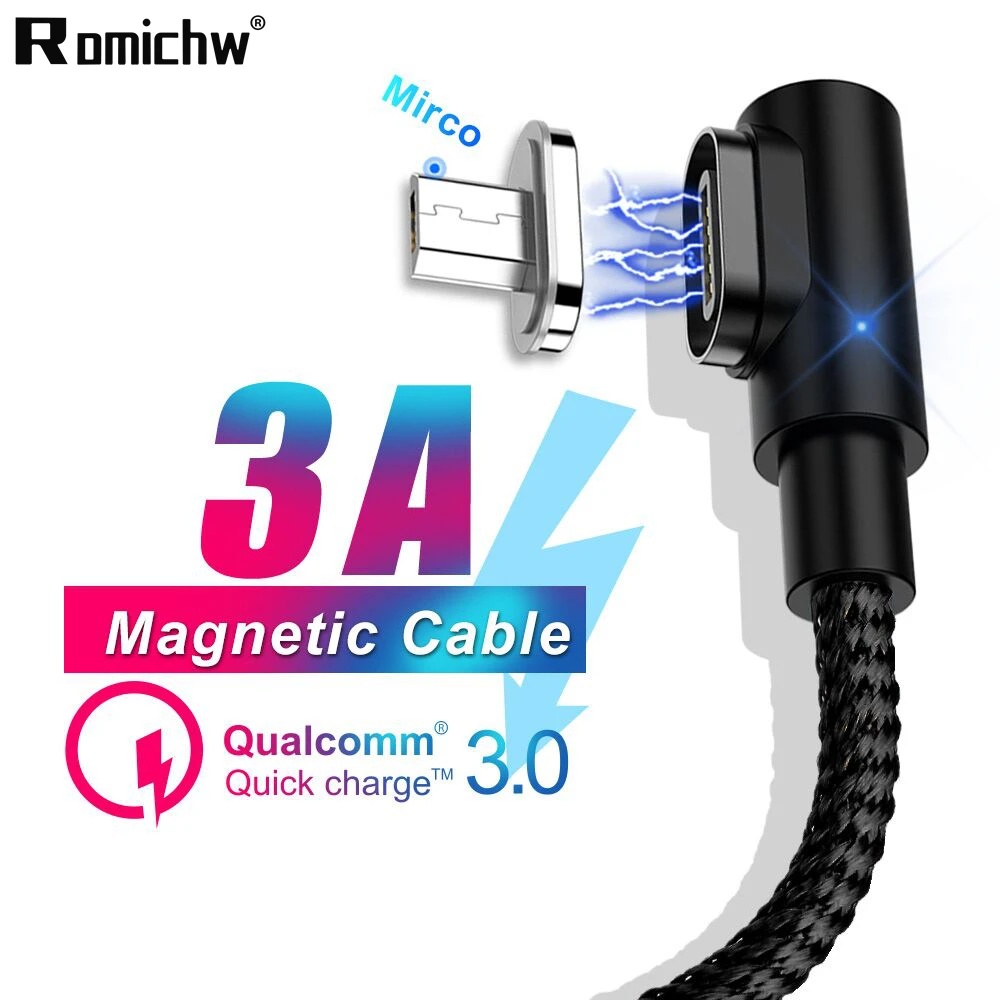 

Romichw 90 Degree Elbow Magnetic Micro USB Cable Fast Charge USB Data Cable For Samsung For Xiaomi Mobile Phone USB Charge Cord