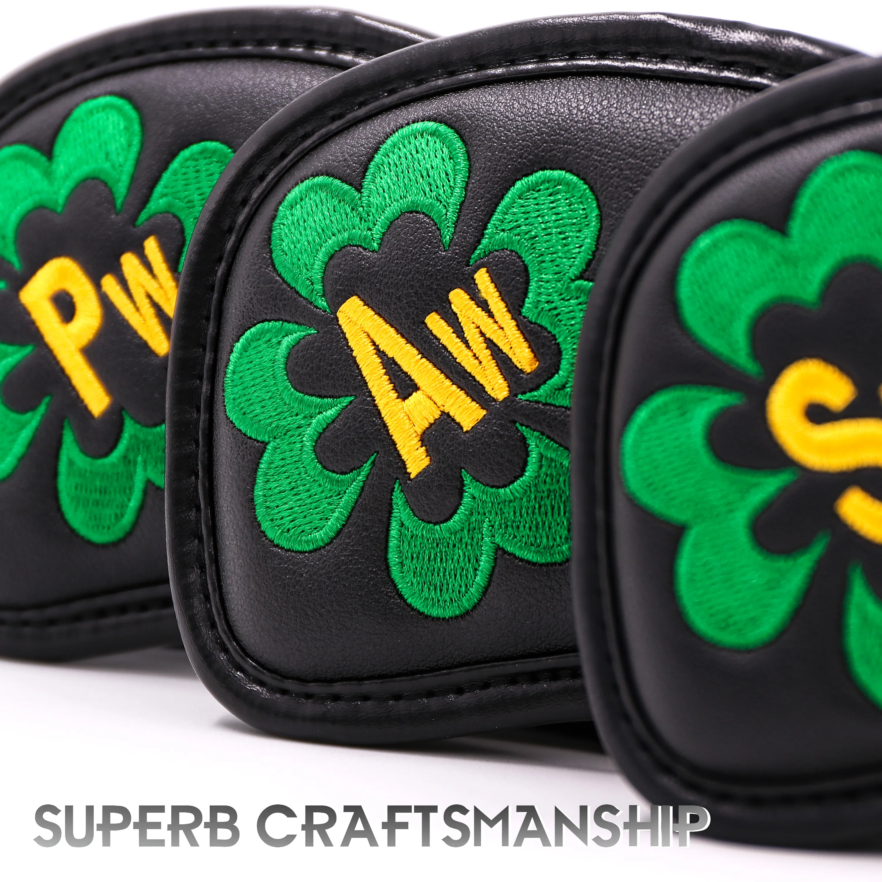 Champkey Lucy Clover Iron Golf Head Cover PU Leather Number Tags 10pcs/set Black And White Golf Club Headcovers